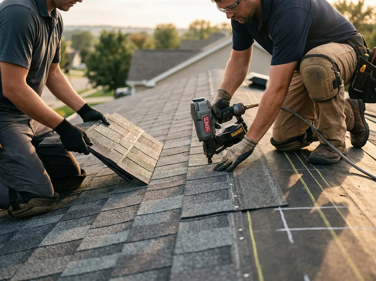 Professional roofer working on a residential roof in Ocean Pines